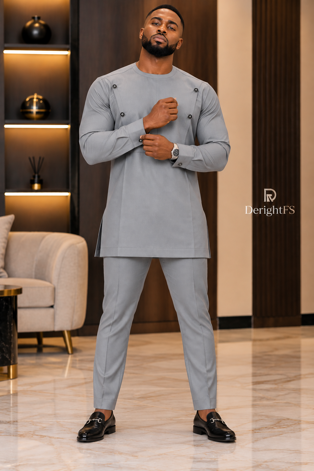 Men's Light Grey Two-Piece Kaftan Set – Luxury African Senator Wear with Button Detailing | DerightFS