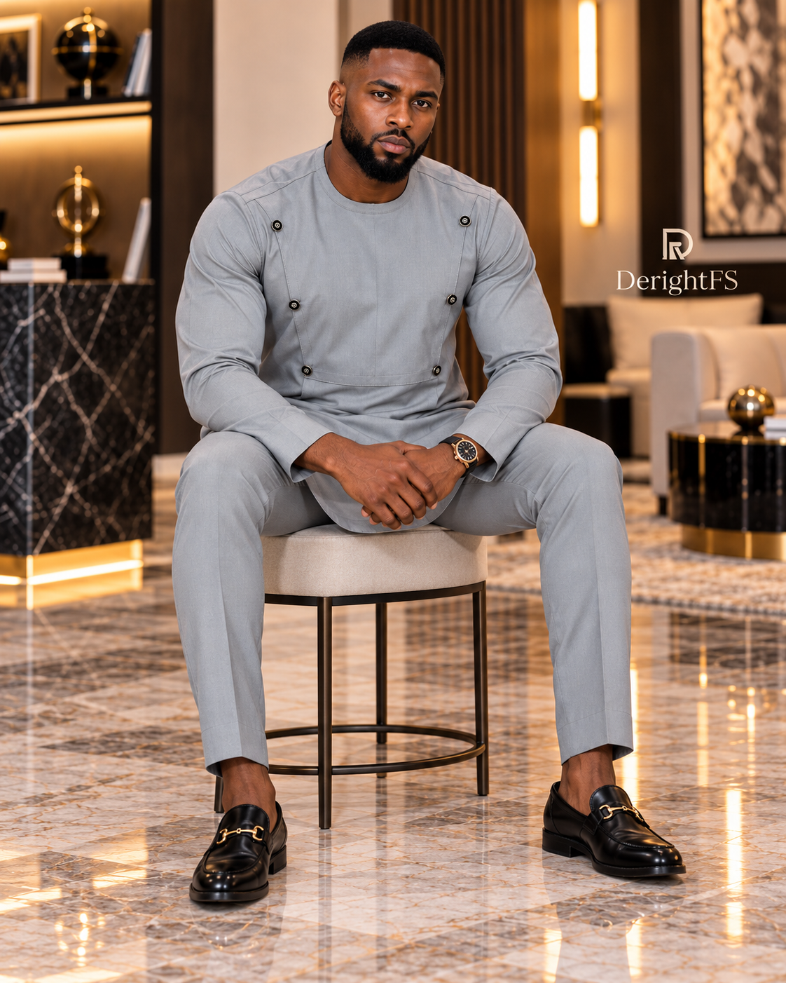 Men's Light Grey Two-Piece Kaftan Set – Luxury African Senator Wear with Button Detailing | DerightFS