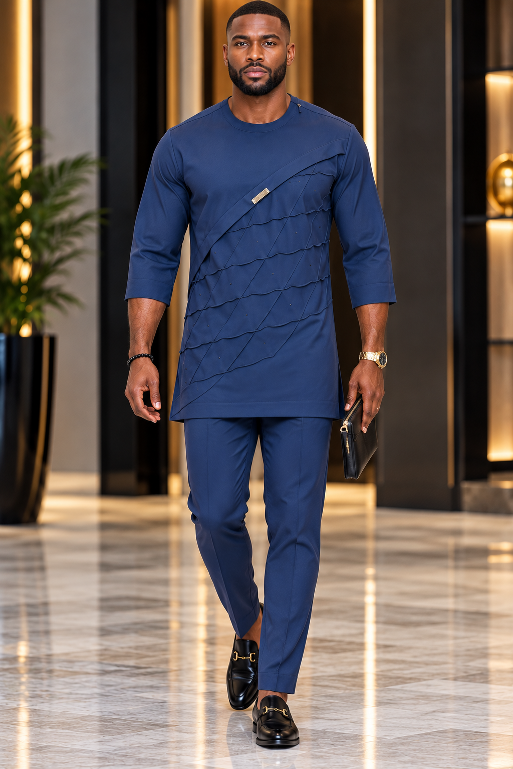 Men's Navy Blue Jonkoso Stone-Embellished Pleated Kaftan Set – Luxury African Menswear | DerightFS