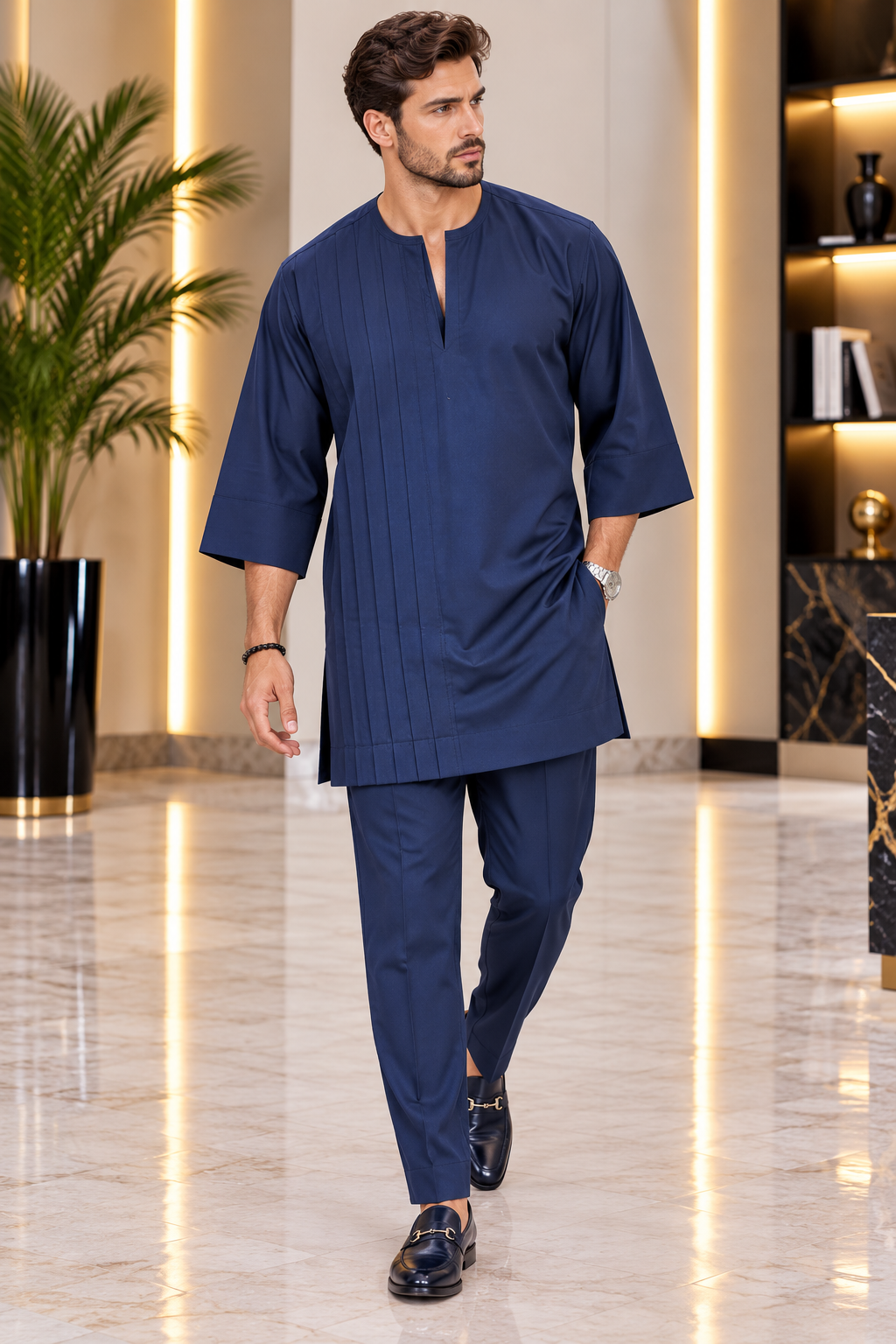 Men's Navy Blue Pleated Two-Piece Kaftan Set – Luxury African Senator Wear | DerightFS
