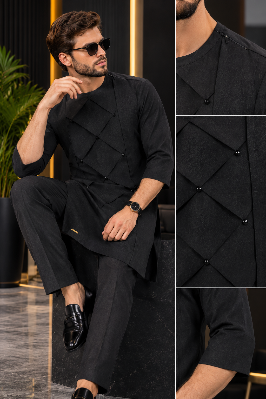 Men’s Black Geometric Tunic Set with Matching Trousers | Luxury African Menswear