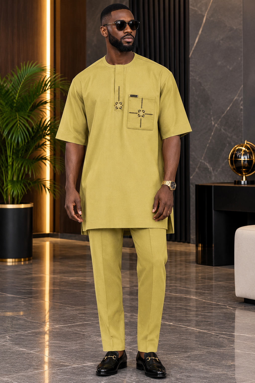 Men’s Mustard Yellow Embroidered Kaftan Set with Matching Trousers | DerightFS