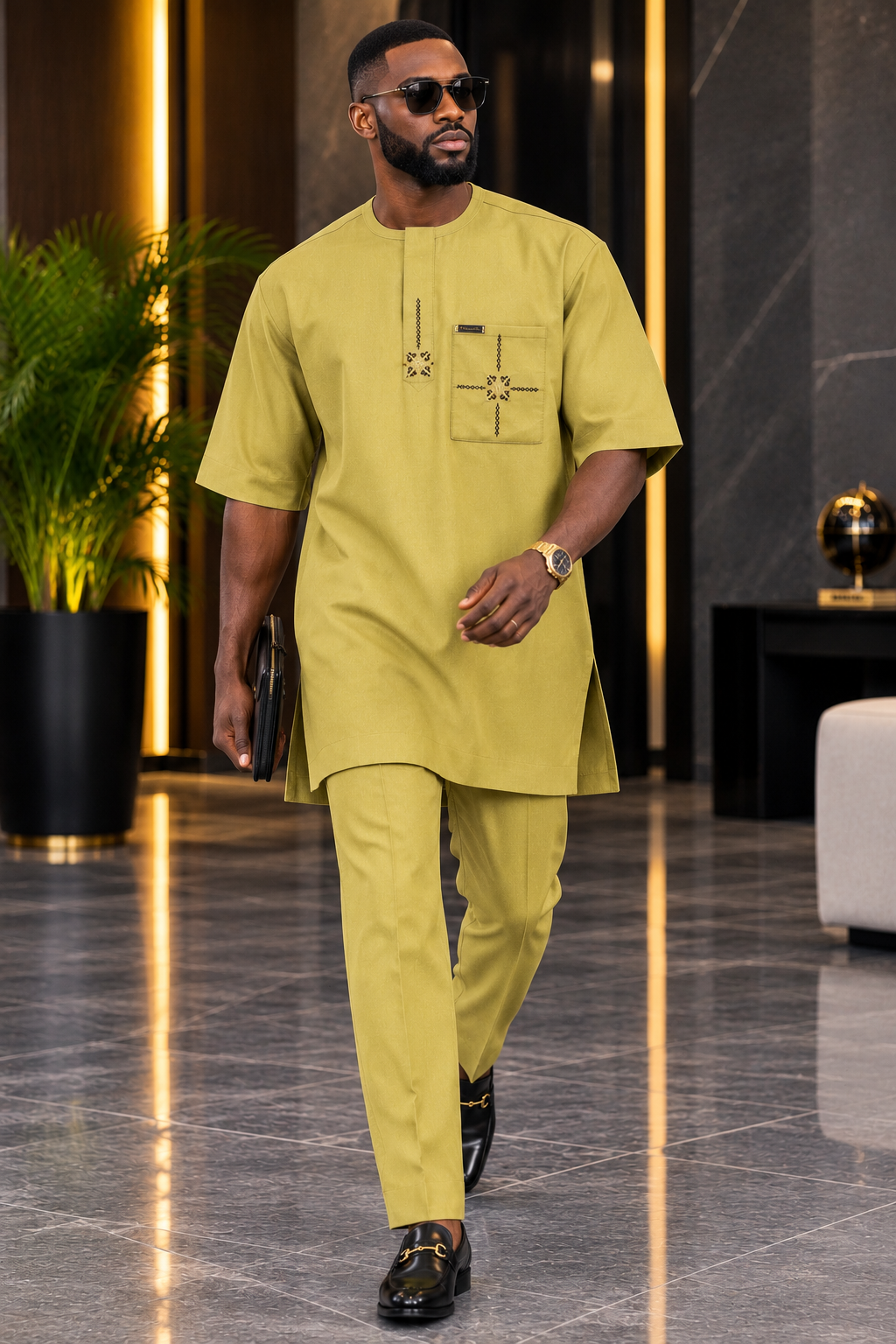 Men’s Mustard Yellow Embroidered Kaftan Set with Matching Trousers | DerightFS