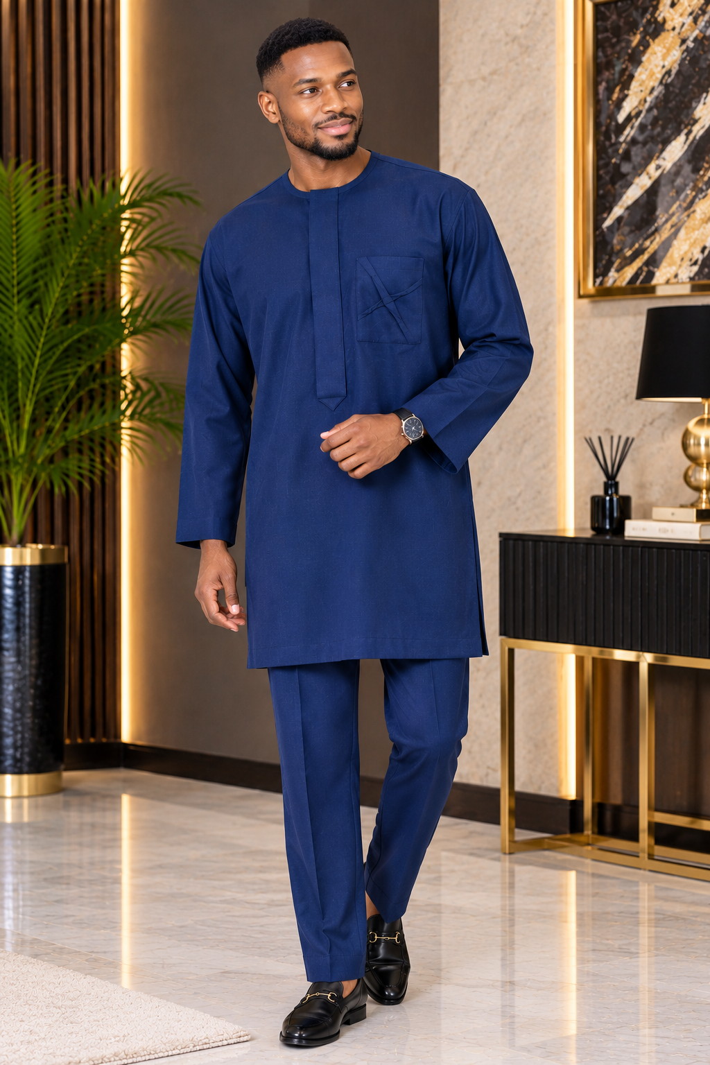 Men’s Royal Blue Traditional Kaftan Set with Embroidered Pocket Detail
