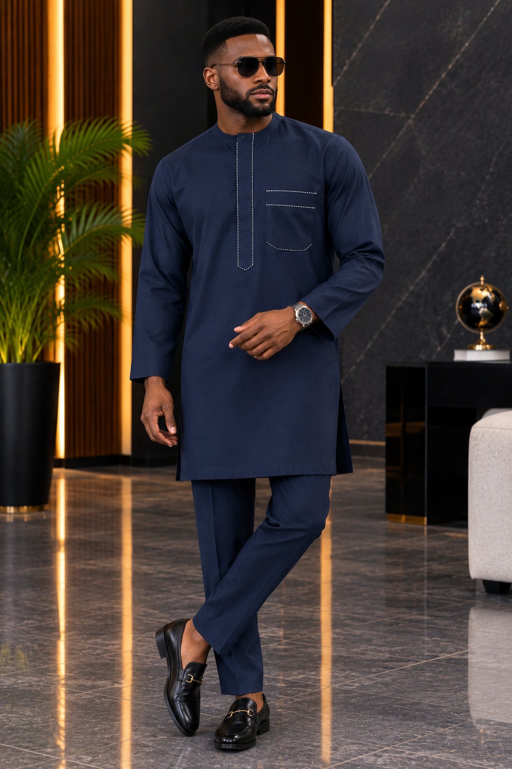 Men’s Navy Blue Embroidered Kaftan Set with Matching Trousers | DerightFS