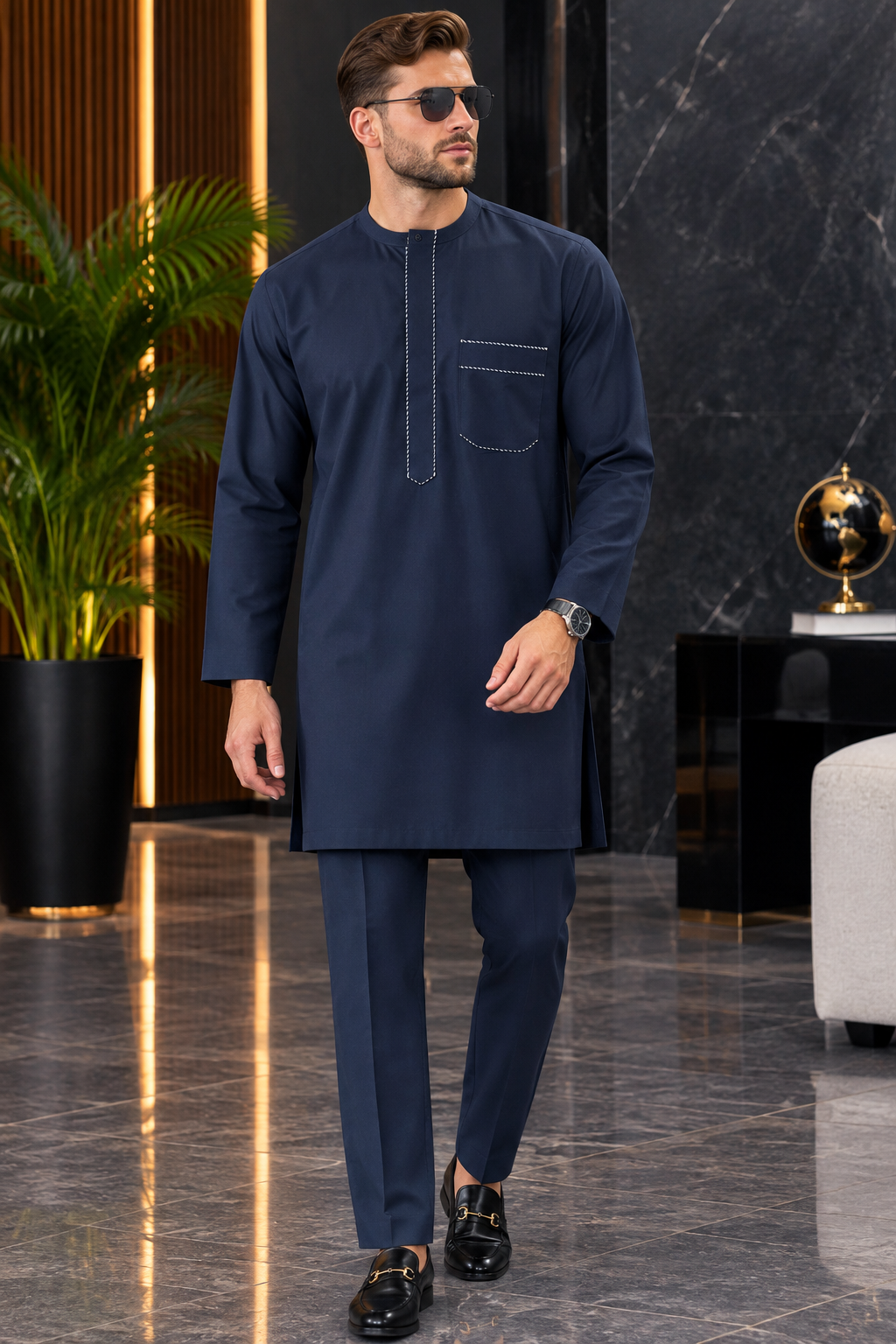 Men’s Navy Blue Embroidered Kaftan Set with Matching Trousers | DerightFS