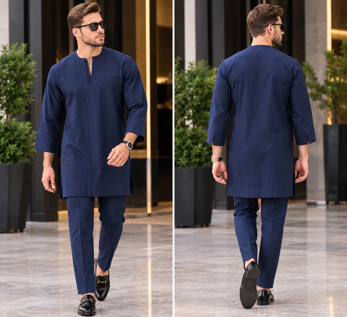 Men’s Navy Blue Kaftan Set with Tailored Trousers | Luxury Traditional Wear