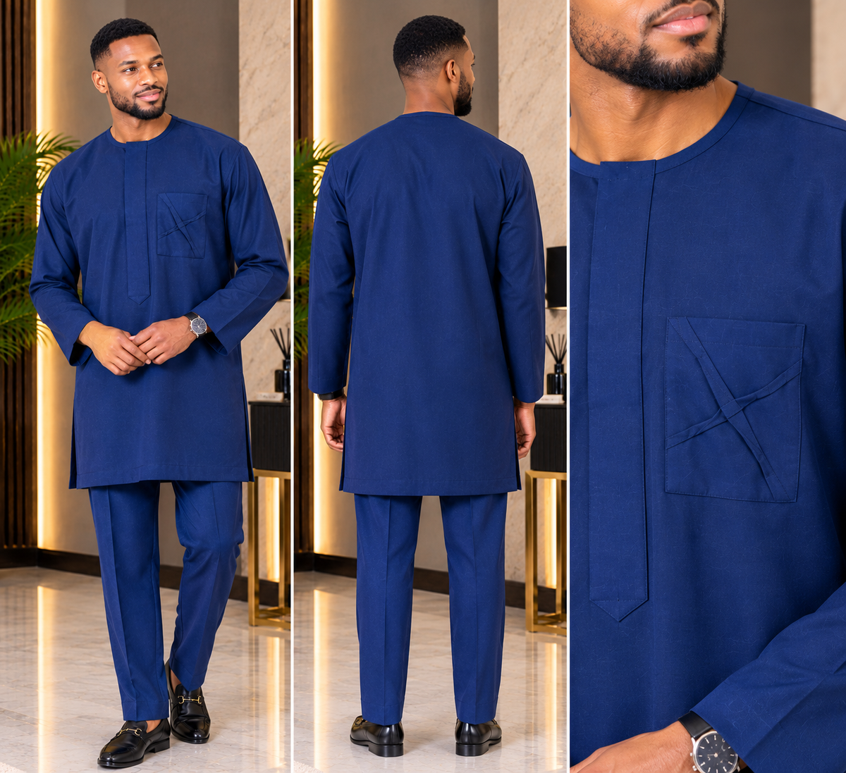 Men’s Royal Blue Traditional Kaftan Set with Embroidered Pocket Detail