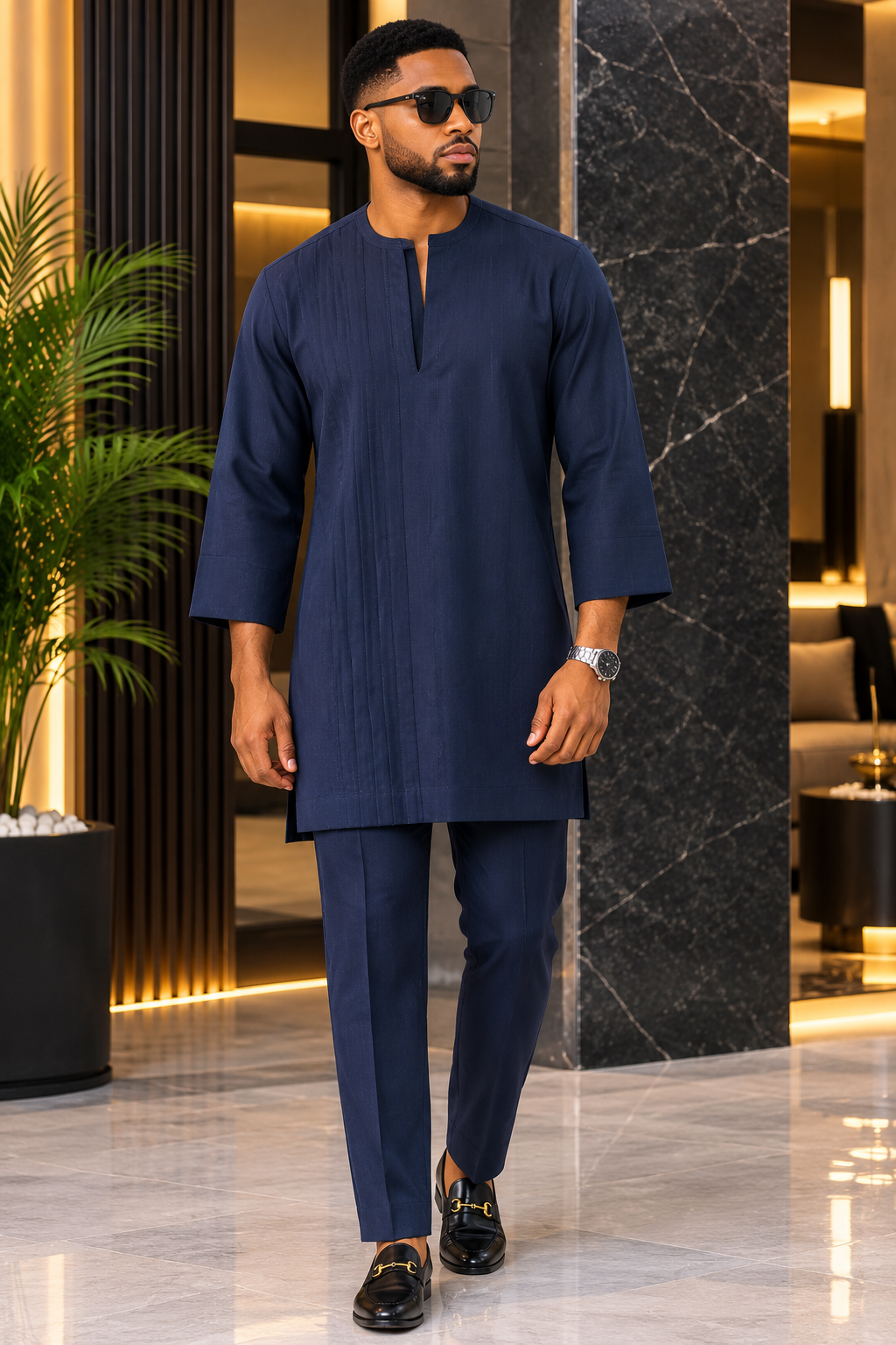 Men’s Navy Blue Kaftan Set with Tailored Trousers | Luxury Traditional Wear