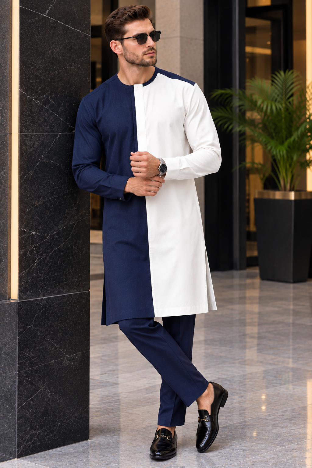 Men’s Navy Blue and White Colour Block Kaftan Set with Trousers | DerightFS