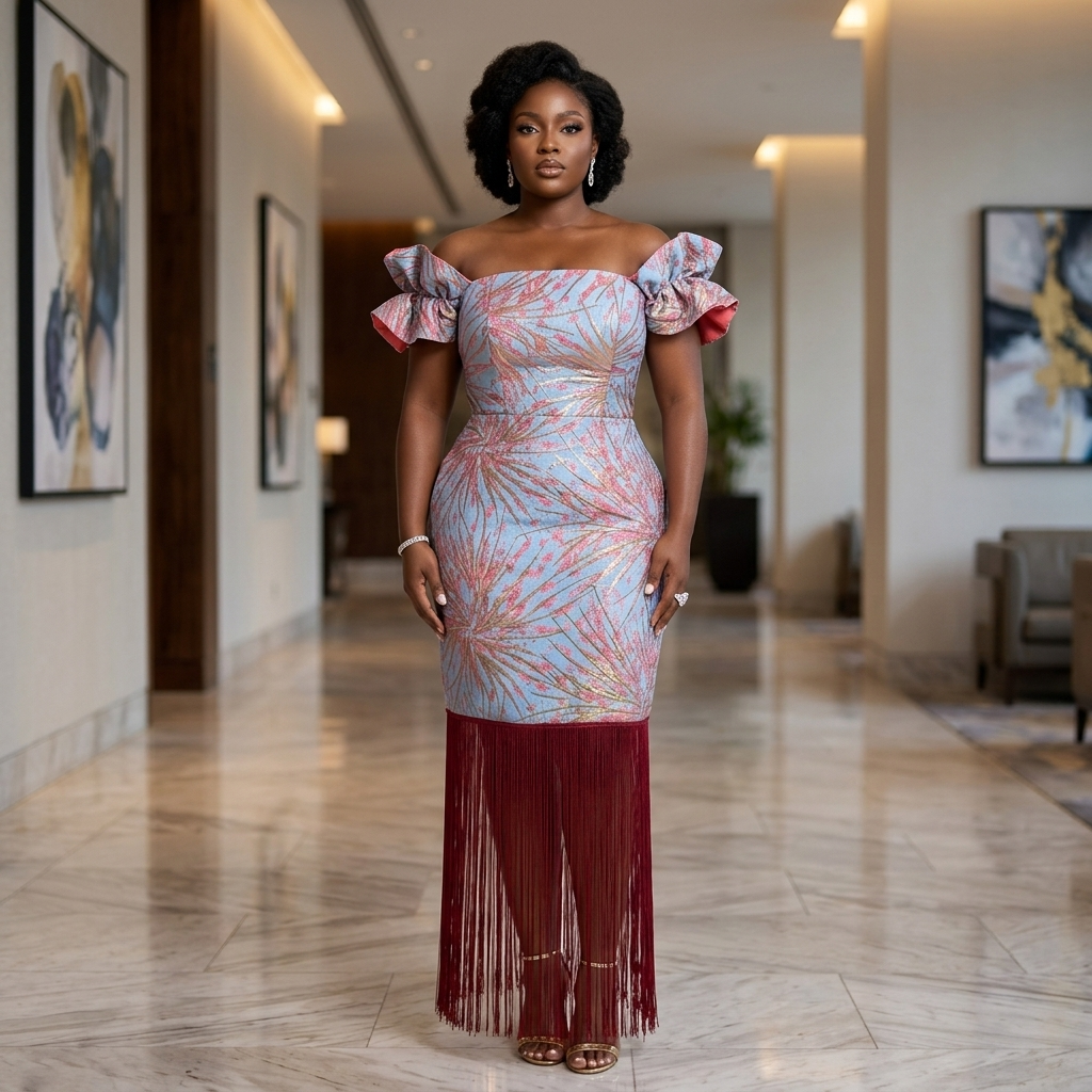 Women's Damask Brocade Off-Shoulder Fringe Dress – Luxury African Party & Occasion Wear | DerightFS