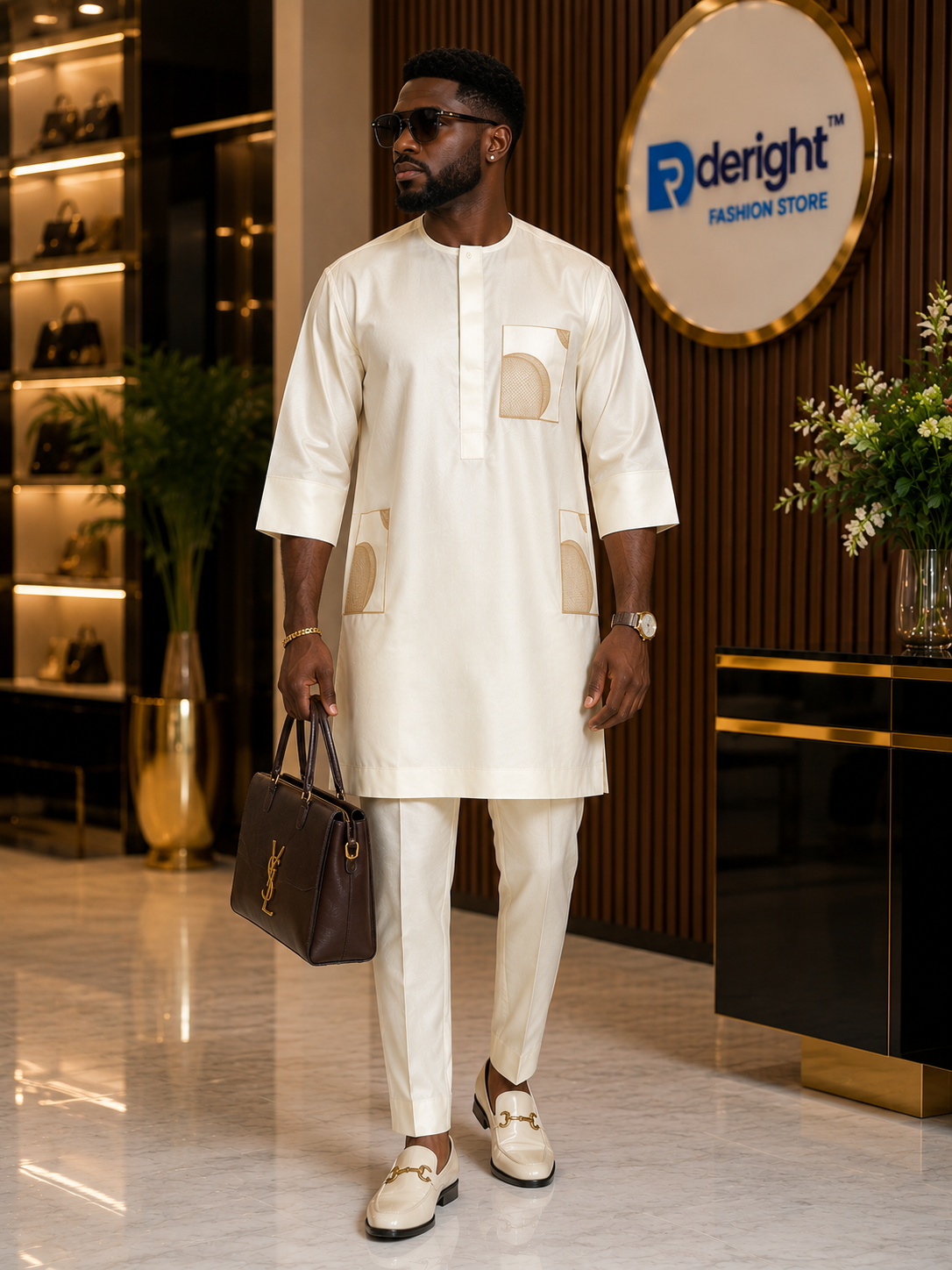 Men's Off-White Senator Two-Piece Set | Geometric Patch Pocket Detail | African Occasion Wear | Deright Fashion Store