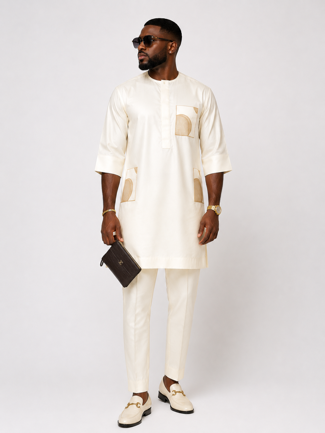 Men's Off-White Senator Two-Piece Set | Geometric Patch Pocket Detail | African Occasion Wear | Deright Fashion Store