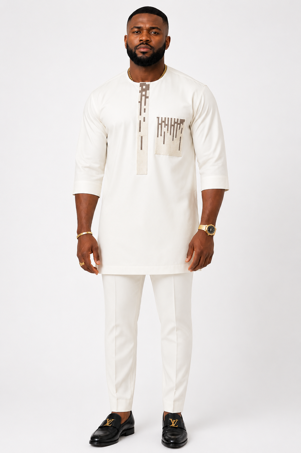 DerightFS Men's White Embroidered Kaftan | Short Sleeve African Tunic with Geometric Chest Pocket Detail | Ready to Wear
