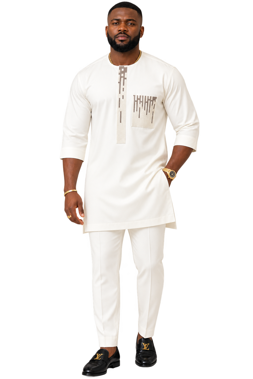 DerightFS Men's White Embroidered Kaftan | Short Sleeve African Tunic with Geometric Chest Pocket Detail | Ready to Wear