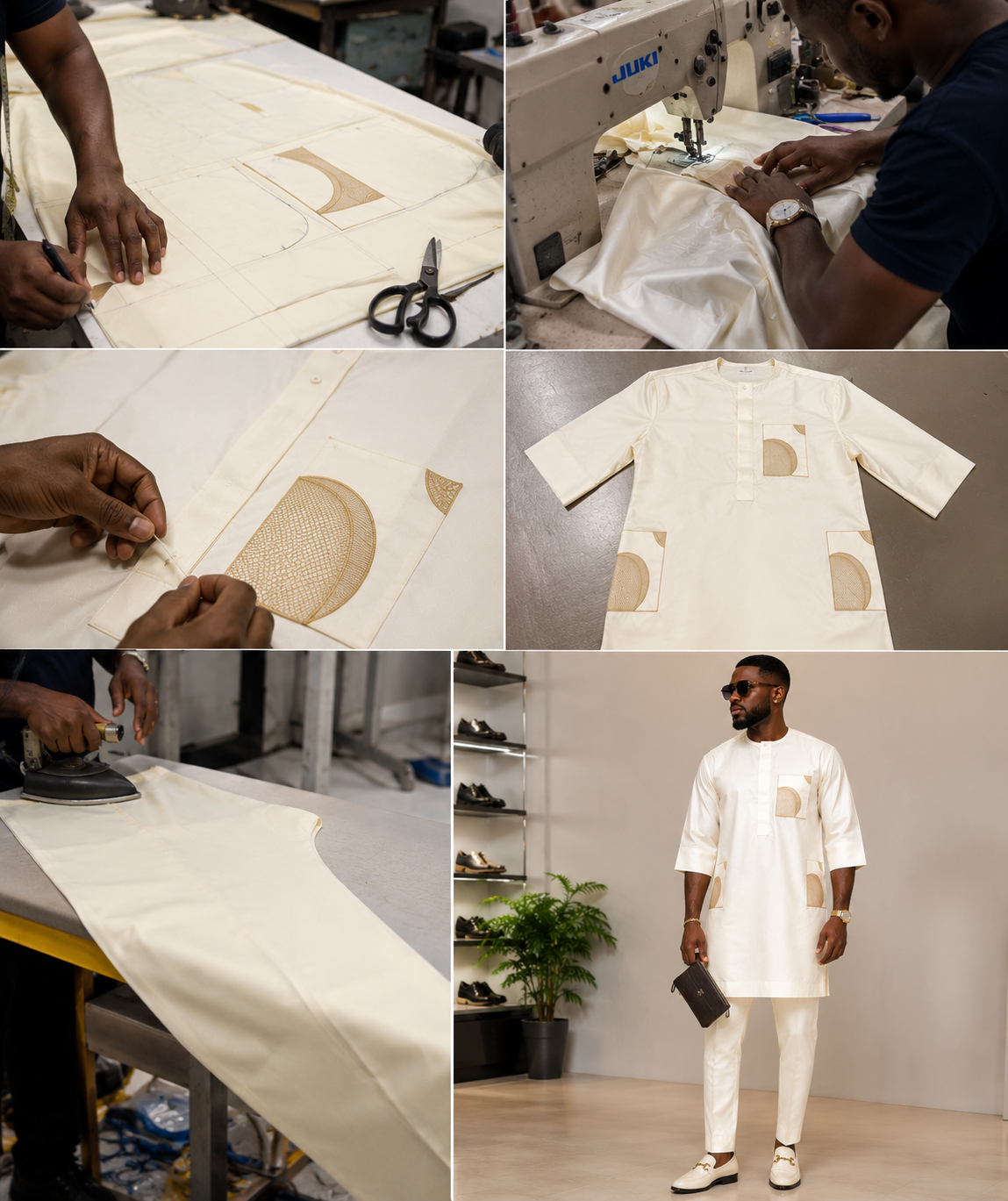 Men's Off-White Senator Two-Piece Set | Geometric Patch Pocket Detail | African Occasion Wear | Deright Fashion Store