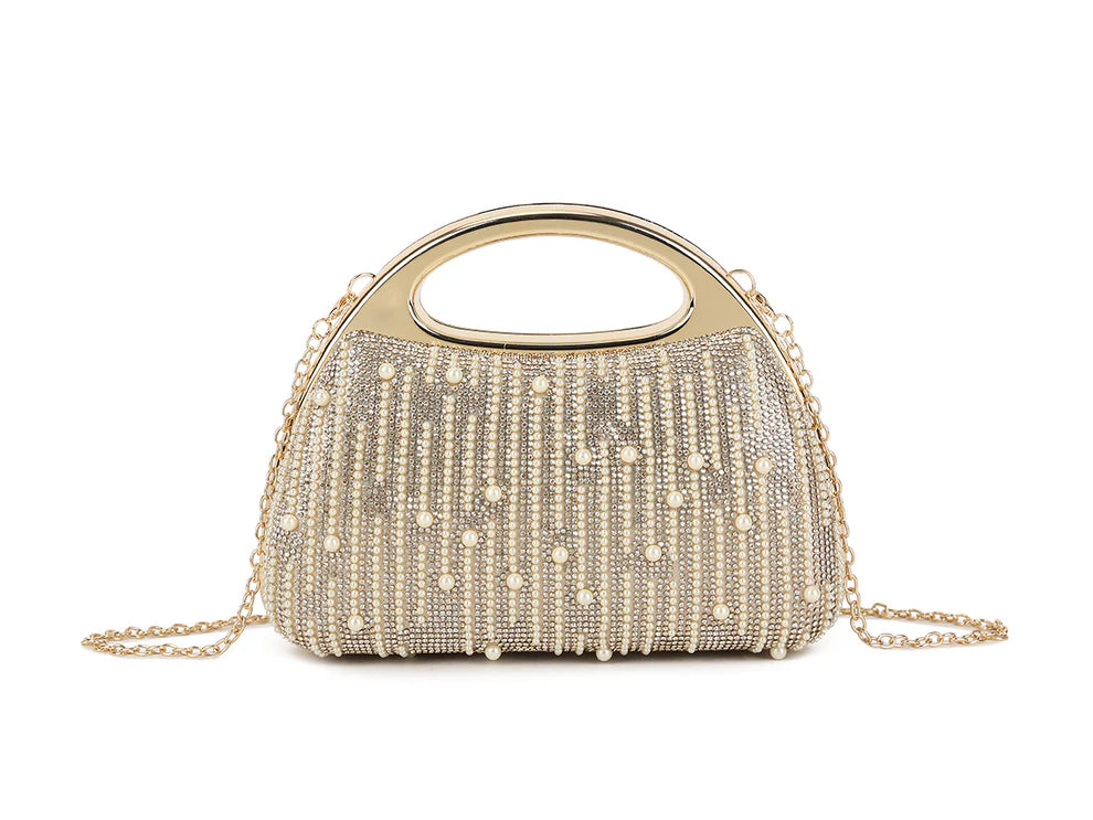 Gold Pearl Beaded Evening Clutch Bag – Luxury Rhinestone Fringe Handbag with Metal Handle, Elegant Wedding Party & Formal Occasion Purse for Women