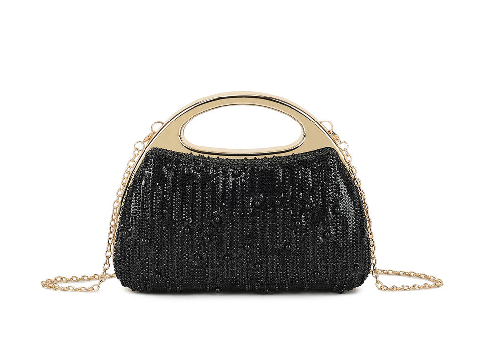 Gold Pearl Beaded Evening Clutch Bag – Luxury Rhinestone Fringe Handbag with Metal Handle, Elegant Wedding Party & Formal Occasion Purse for Women