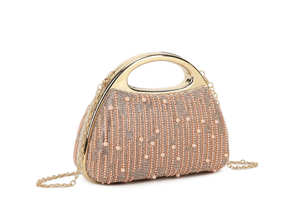 Gold Pearl Beaded Evening Clutch Bag – Luxury Rhinestone Fringe Handbag with Metal Handle, Elegant Wedding Party & Formal Occasion Purse for Women