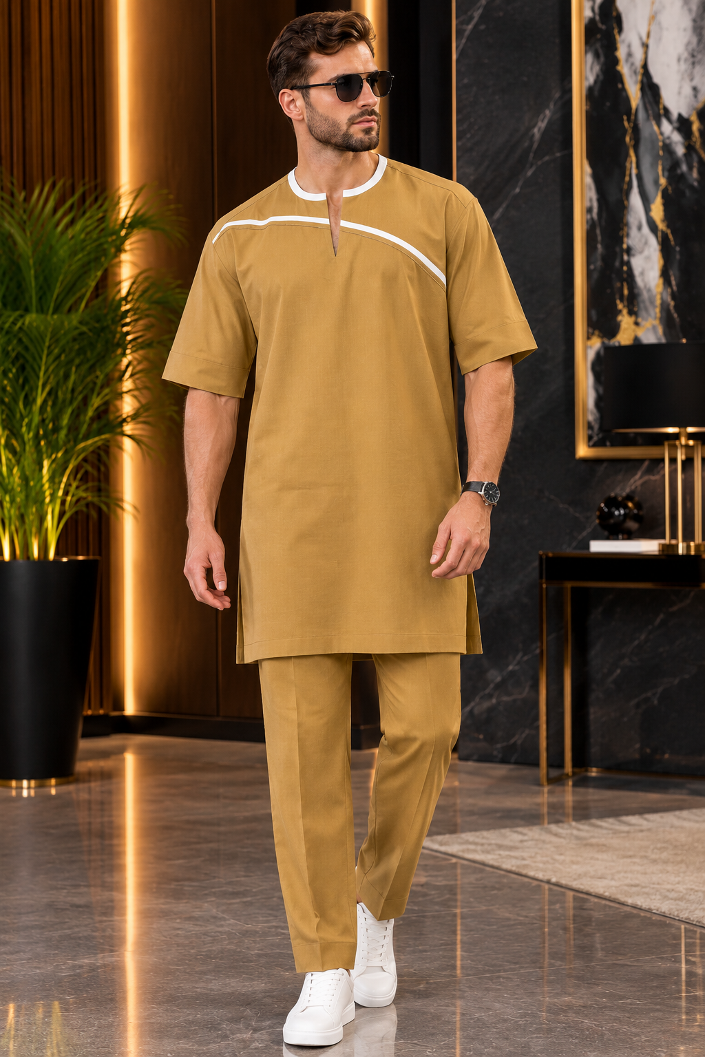 Men’s Mustard Gold Kaftan Set with White Trim and Matching Trousers | DerightFS