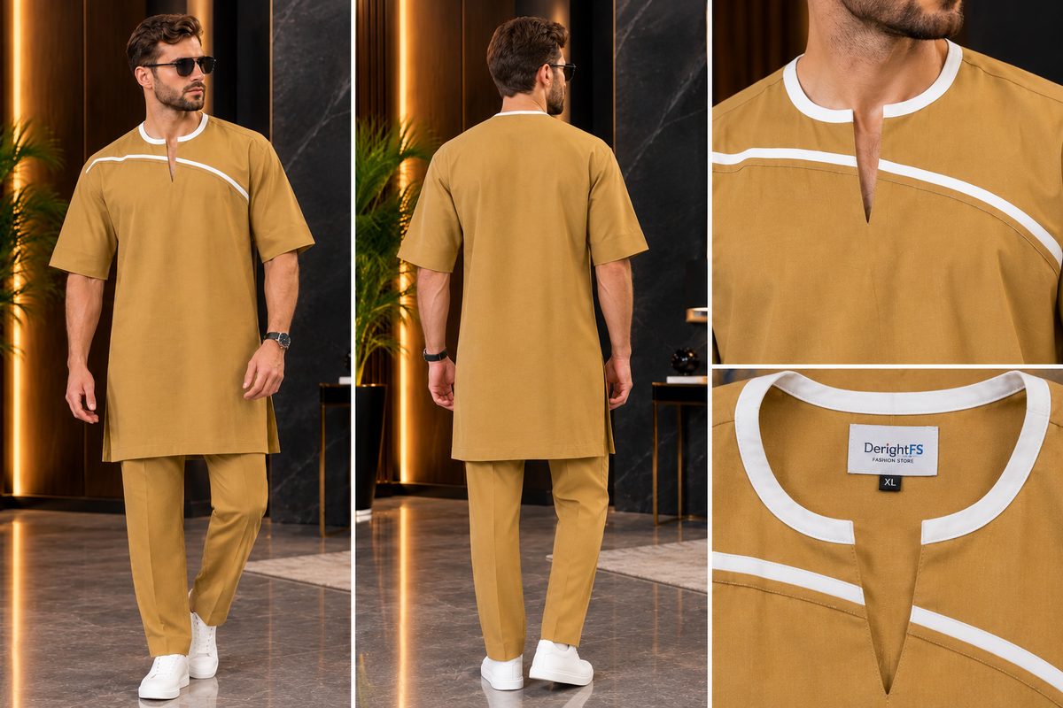 Men’s Mustard Gold Kaftan Set with White Trim and Matching Trousers | DerightFS