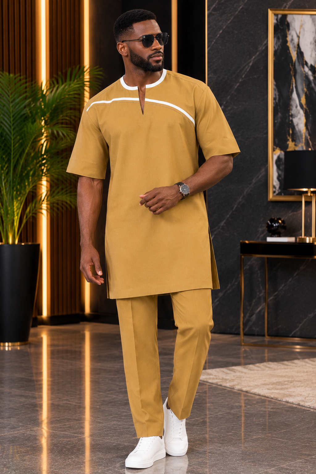 Men’s Mustard Gold Kaftan Set with White Trim and Matching Trousers | DerightFS