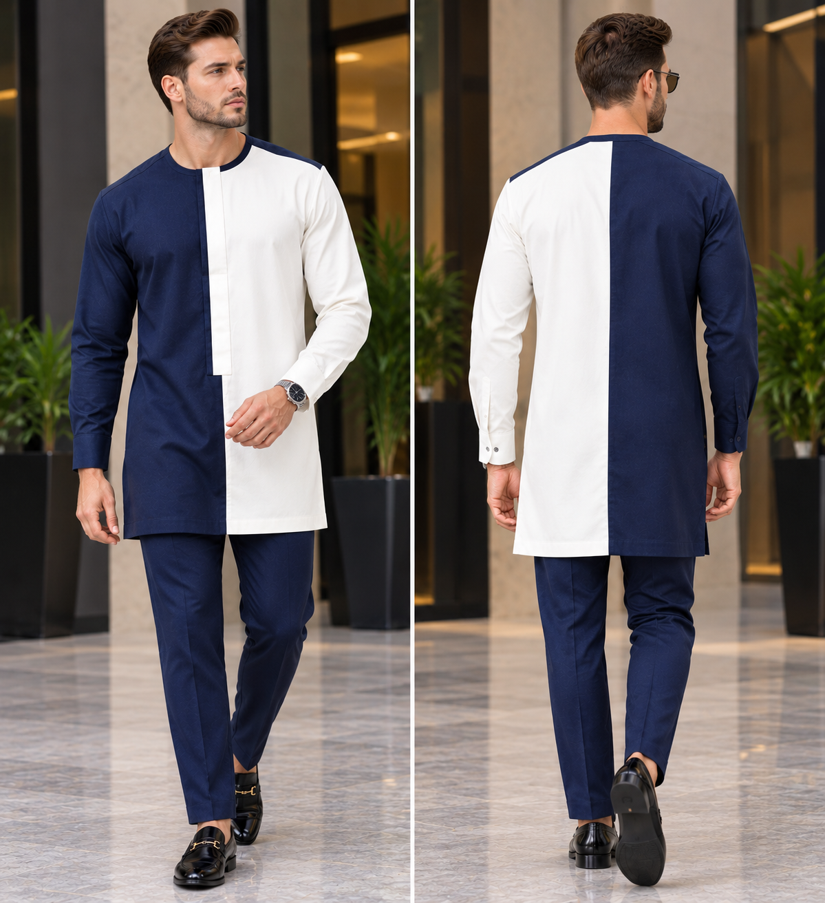 Men’s Navy Blue and White Colour Block Kaftan Set with Trousers | DerightFS