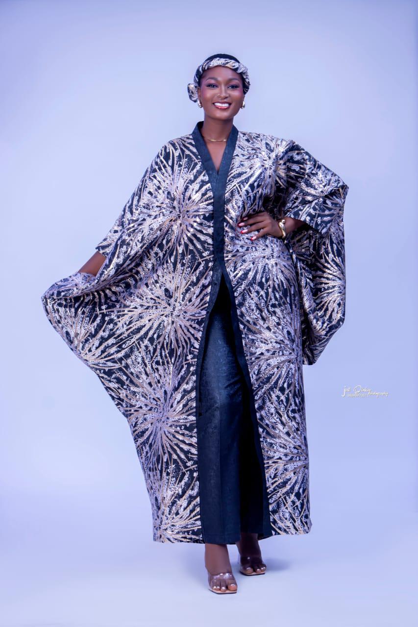 Black and Gold Arike Damask Brocade Bubu Kaftan (Two piece)