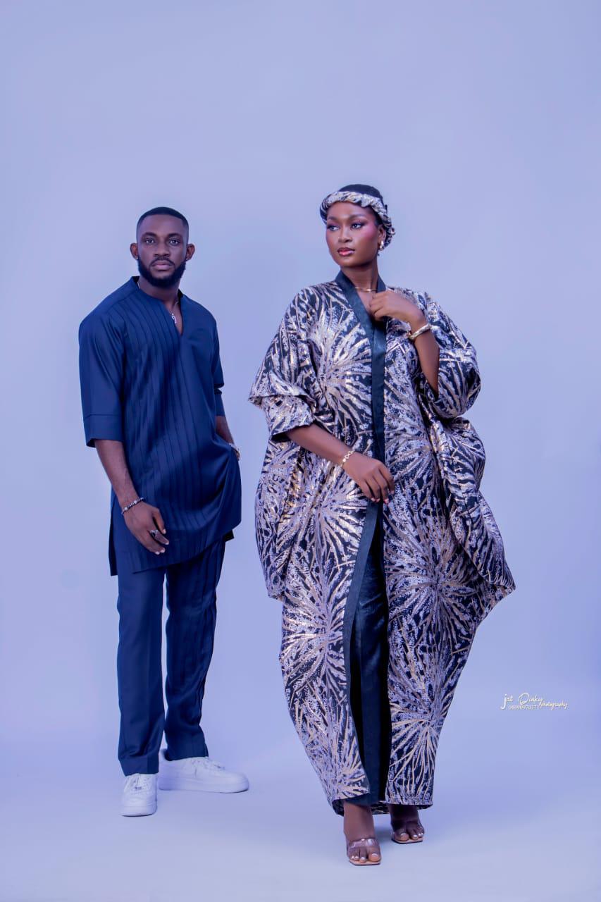 Black and Gold Arike Damask Brocade Bubu Kaftan (Two piece)