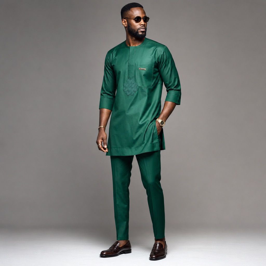 Men's Emerald Green Senator & Agbada 3-Piece Set – Bespoke African Occasion Wear | DerightFS