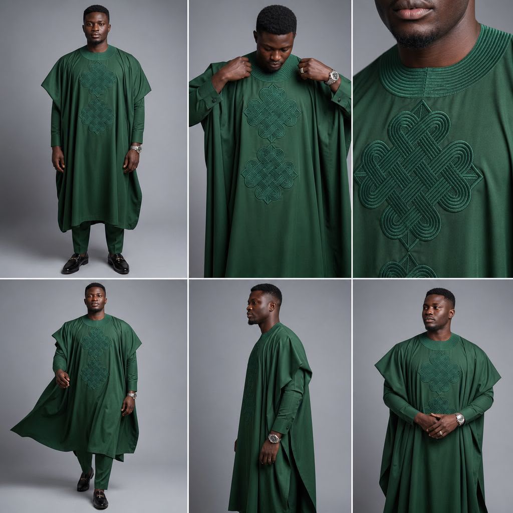 Men's Emerald Green Senator & Agbada 3-Piece Set – Bespoke African Occasion Wear | DerightFS