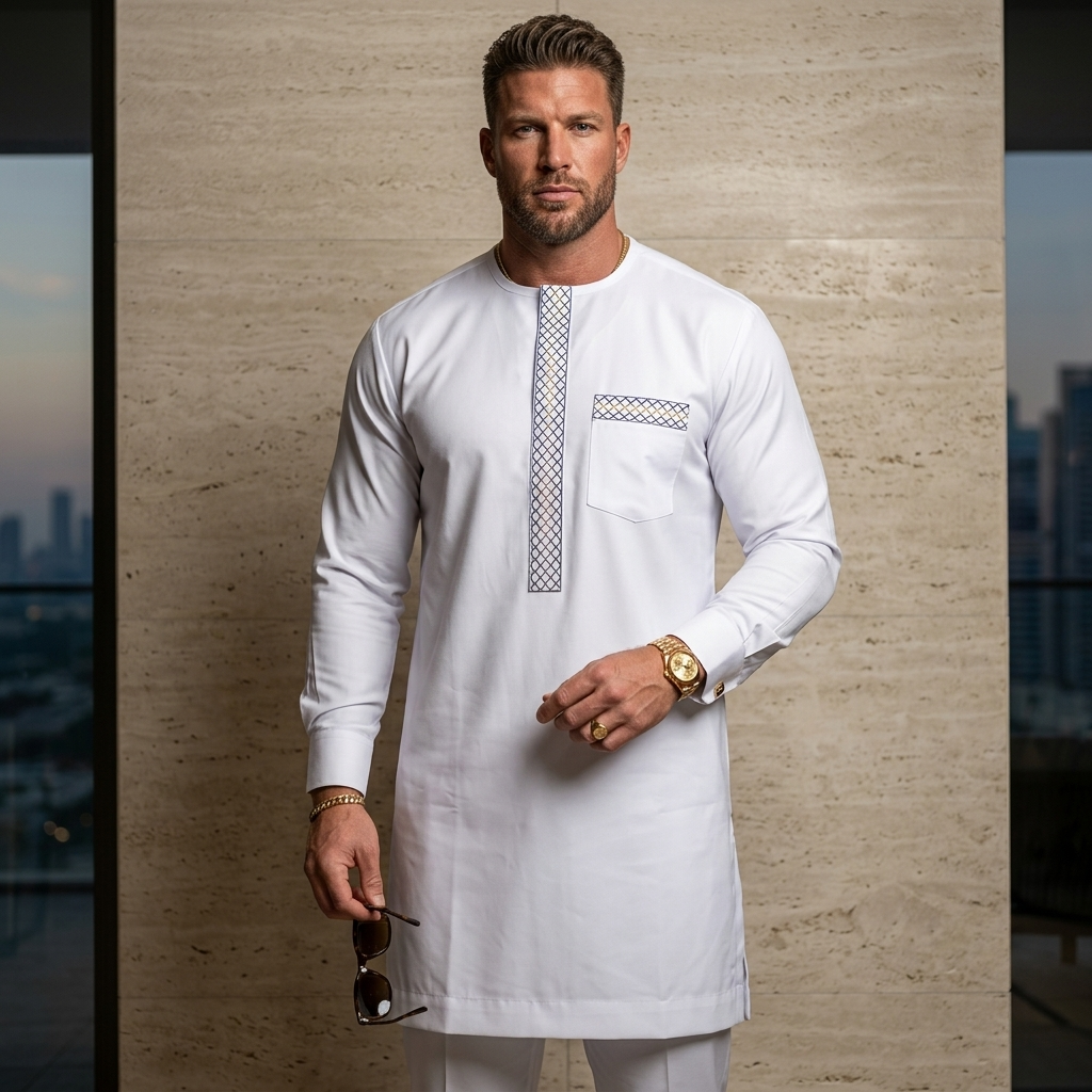 White Senator Kaftan Set – Men's Embroidered African Two-Piece Outfit | Deright Fashion Store