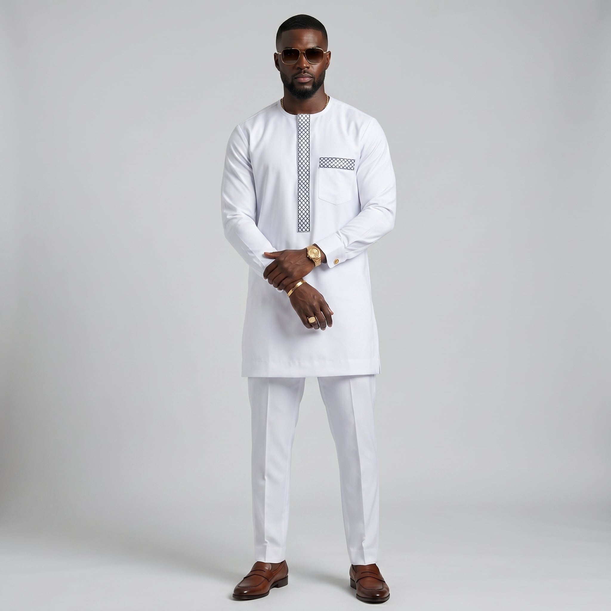 White Senator Kaftan Set – Men's Embroidered African Two-Piece Outfit | Deright Fashion Store