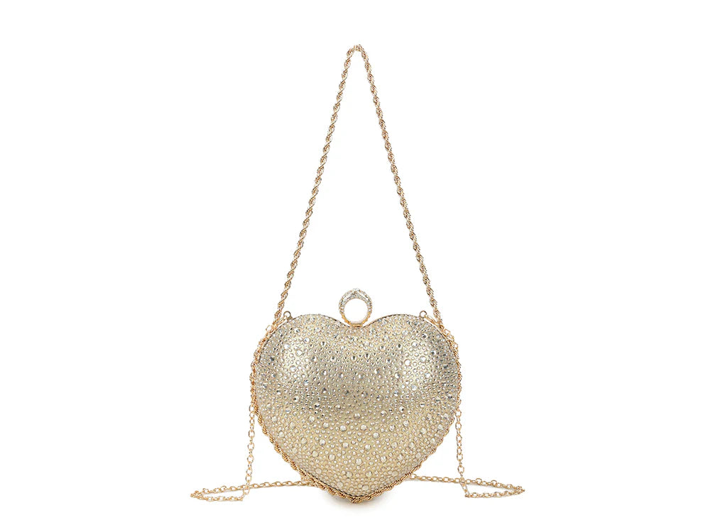 Women’s Heart Shaped Rhinestone Clutch Bag – Sparkly Crystal Evening Purse with Chain Strap, Luxury Party, Wedding, Prom & Formal Handbag