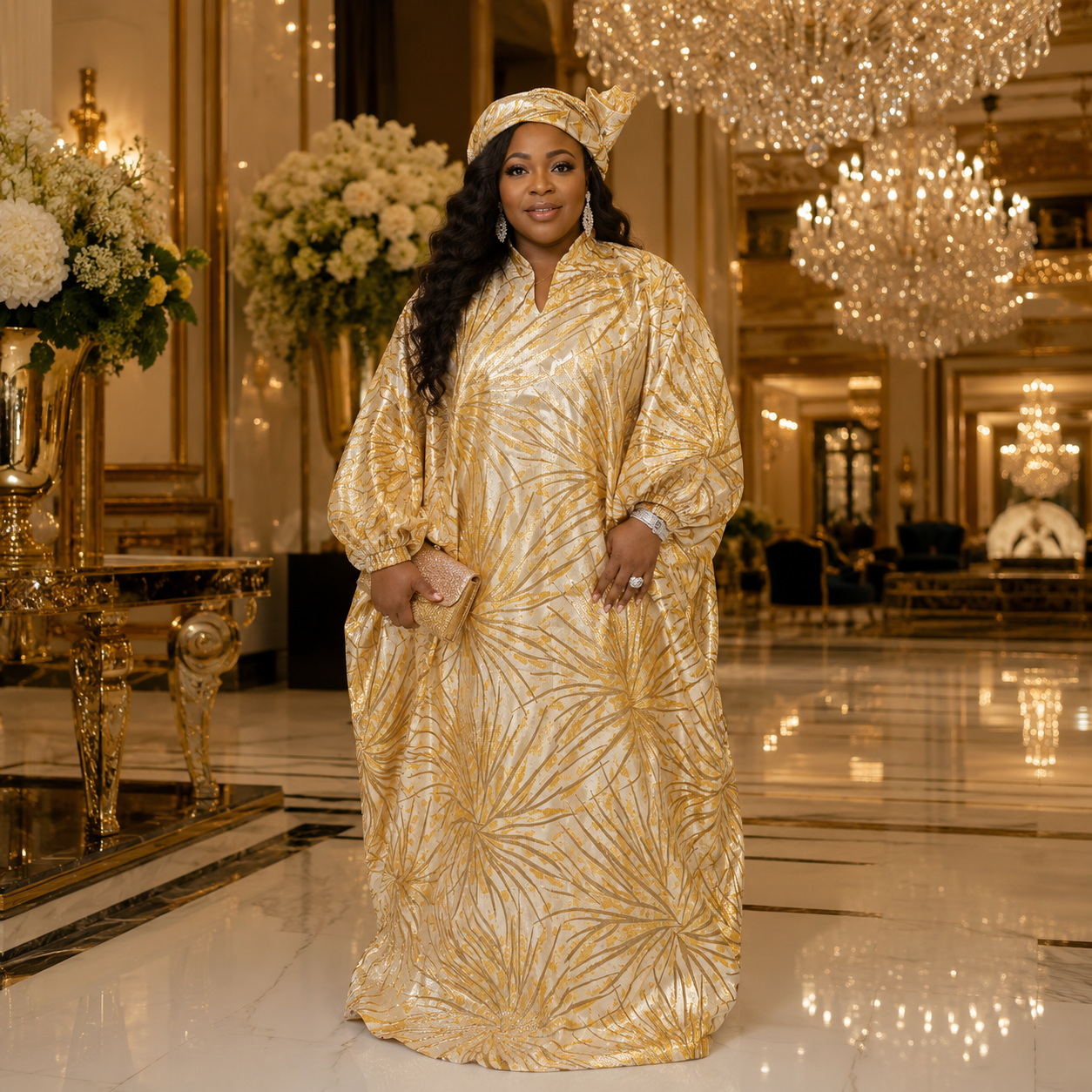 Women's Gold & Cream Metallic Boubou Kaftan | Luxury African Occasion Wear | Wedding Guest Dress | Deright Fashion Store