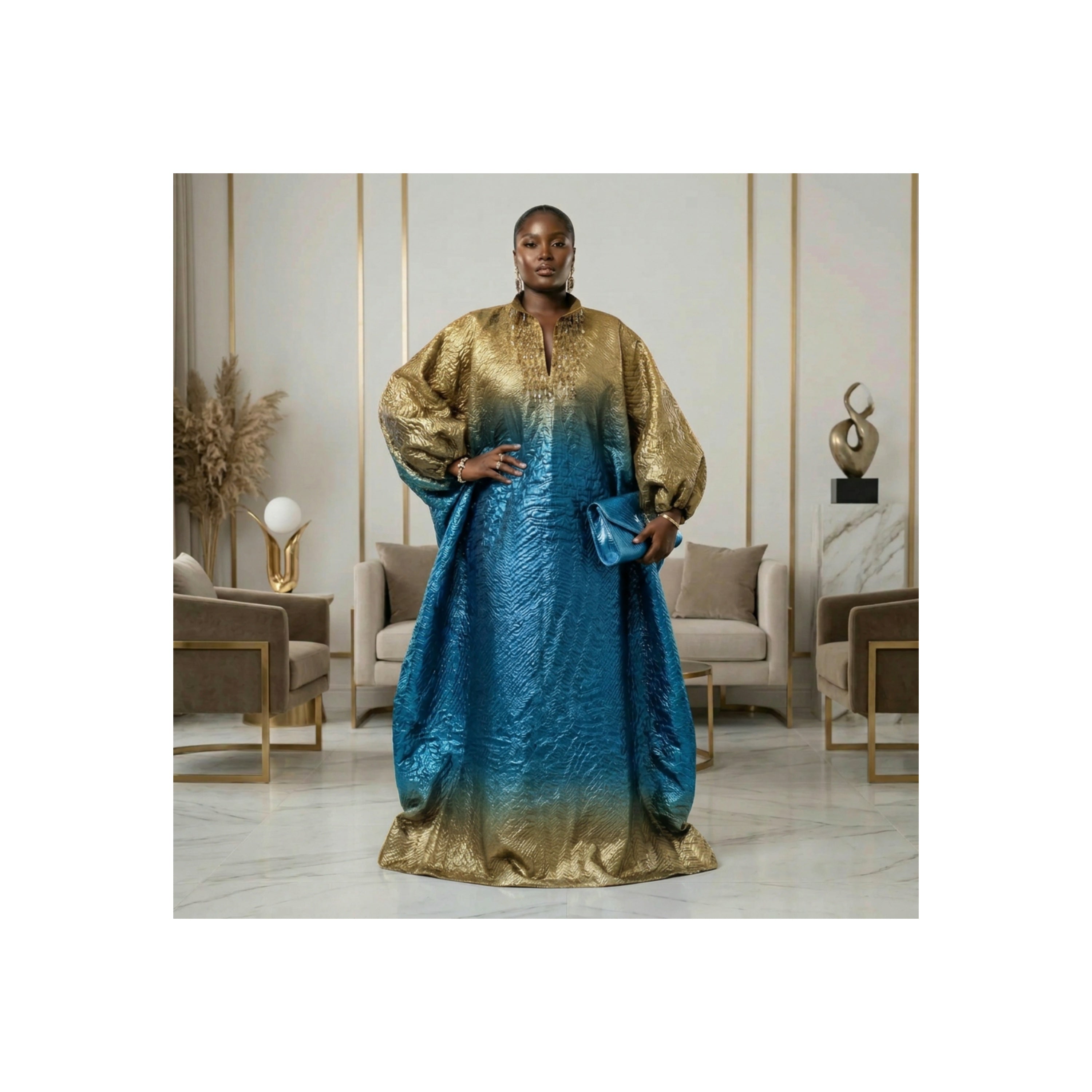 DerightFS Luxury Blue & Gold Nigerian Bubu / Boubou Kaftan Dress – African Maxi Kaftan for Women Regular & Plus Size (UK 8–24) Adjustable Rope Fit Inside, Elegant Traditional Party & Occasion Outfit