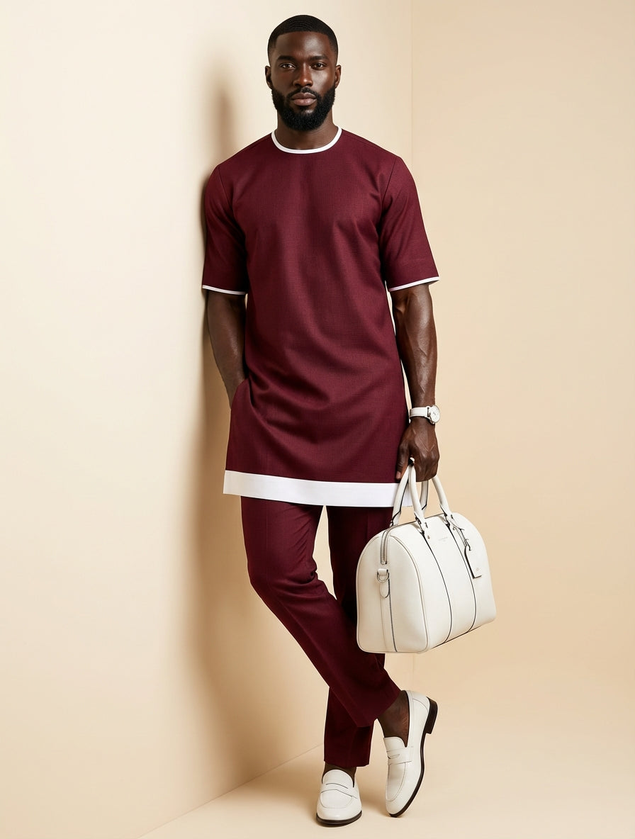 DerightFS Men’s Burgundy Traditional Two-Piece Outfit – Luxury Short Sleeve Kaftan Top & Slim Fit Trousers with White Detail