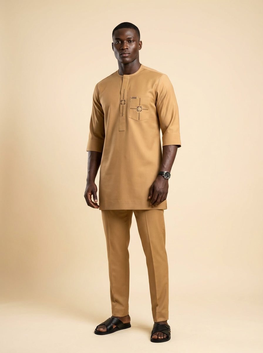 DerightFS Men’s Luxury Camel Kaftan Set – Premium African Senator Traditional Two-Piece Outfit with Embroidery