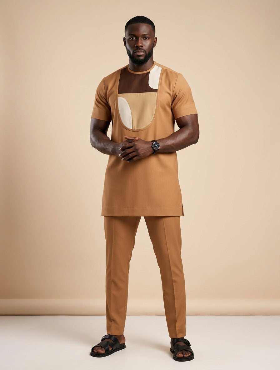 DerightFS Men’s Luxury Camel Brown Senator Wear Set – Modern African Kaftan with Contrast Panel & Slim-Fit Trousers
