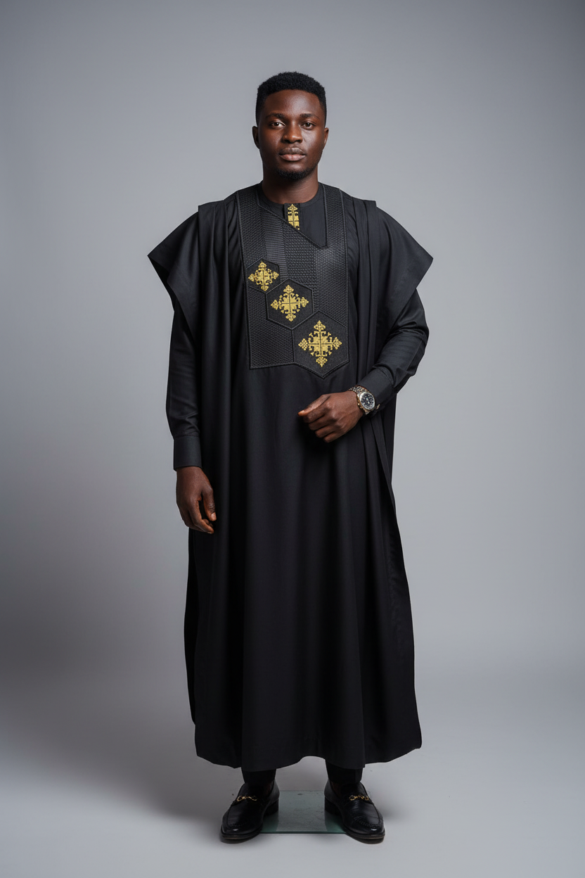 Black Nigerian model wearing agbada with plain sleeves
