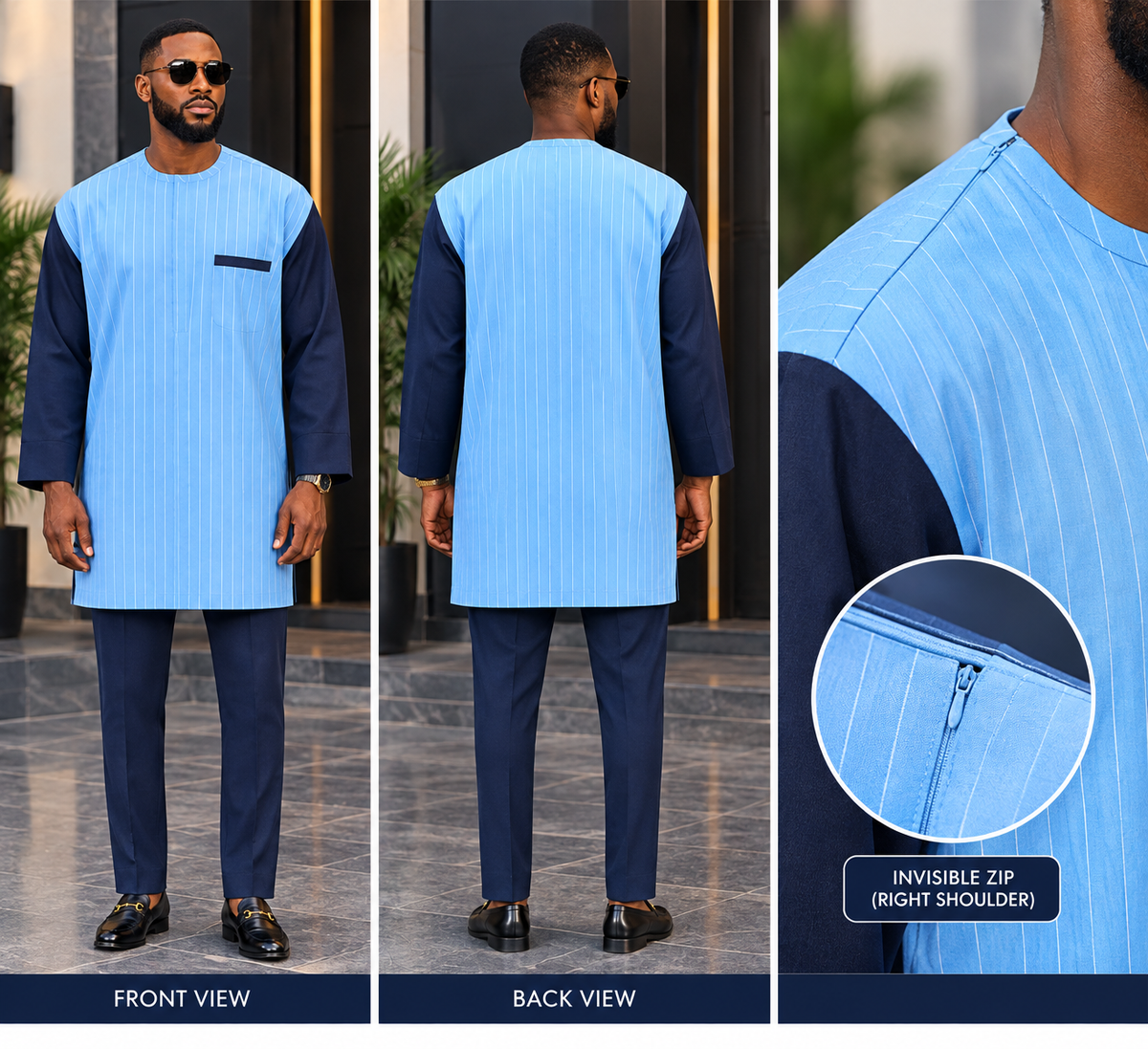 Men’s Sky Blue Pinstripe Kaftan Set with Navy Trousers | Luxury African Menswear