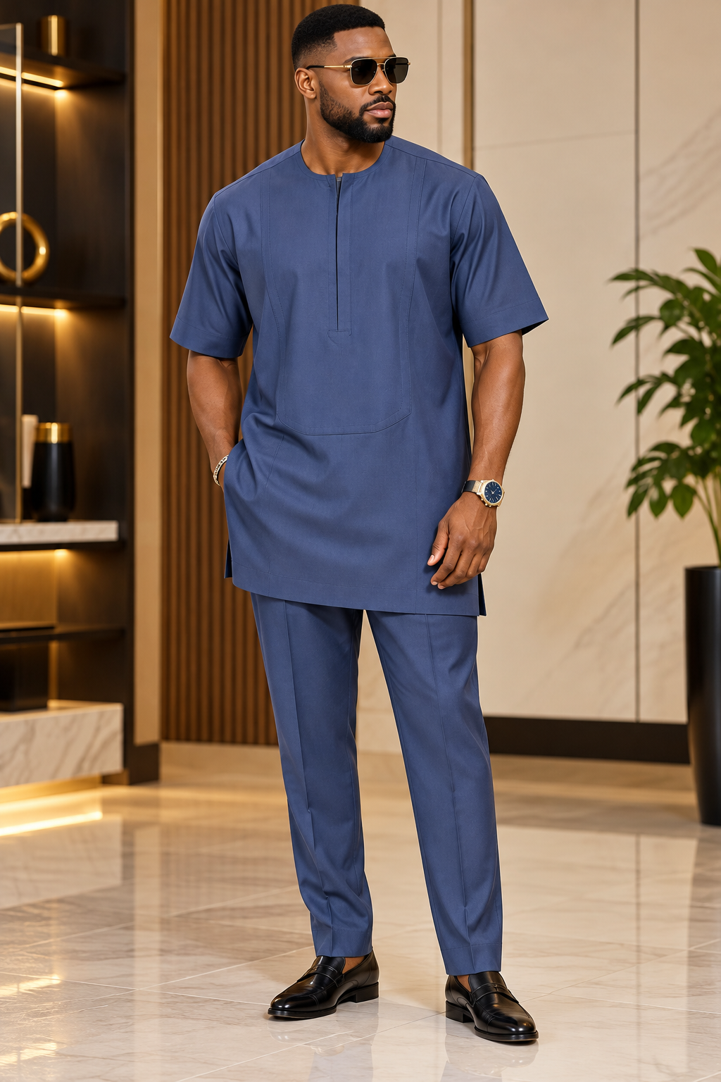 Men's Blue Senator Kaftan Two-Piece Set | Luxury African Native Wear – DerightFS