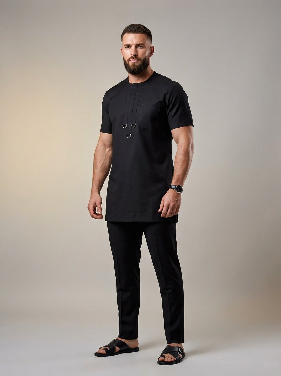 DerightFS Luxury Black Men’s Traditional Two-Piece Outfit – Modern Short Sleeve Kaftan Top & Tailored Trousers Set