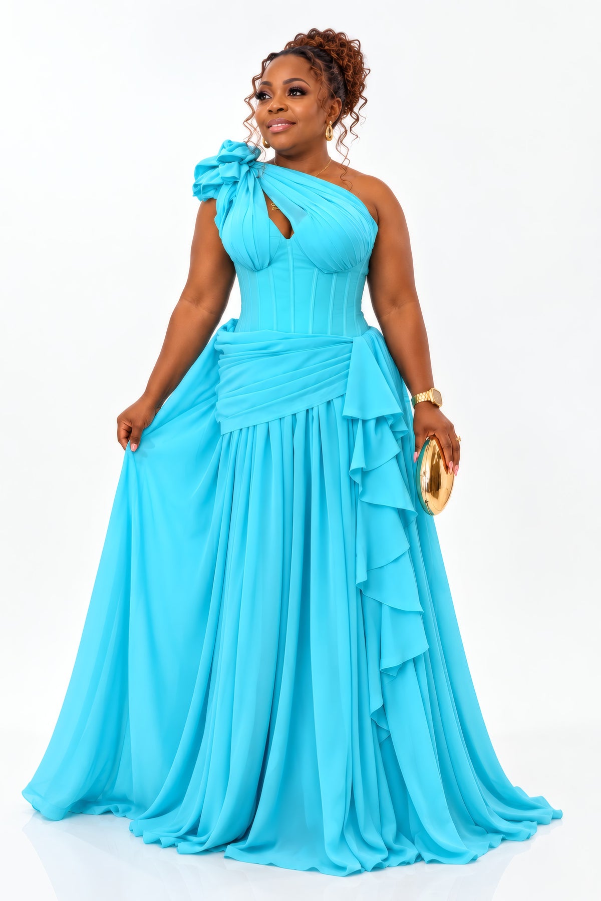 Woman wearing The Capital Diva one-shoulder corset gown in turquoise - Deright Fashion Store UK