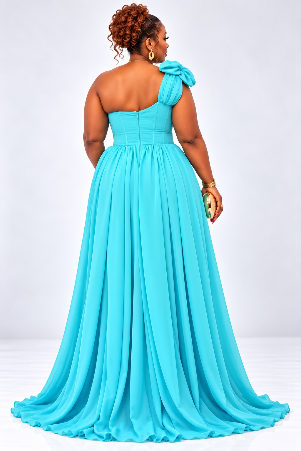 Back view of The Capital Diva one-shoulder corset gown in turquoise - Deright Fashion Store UK