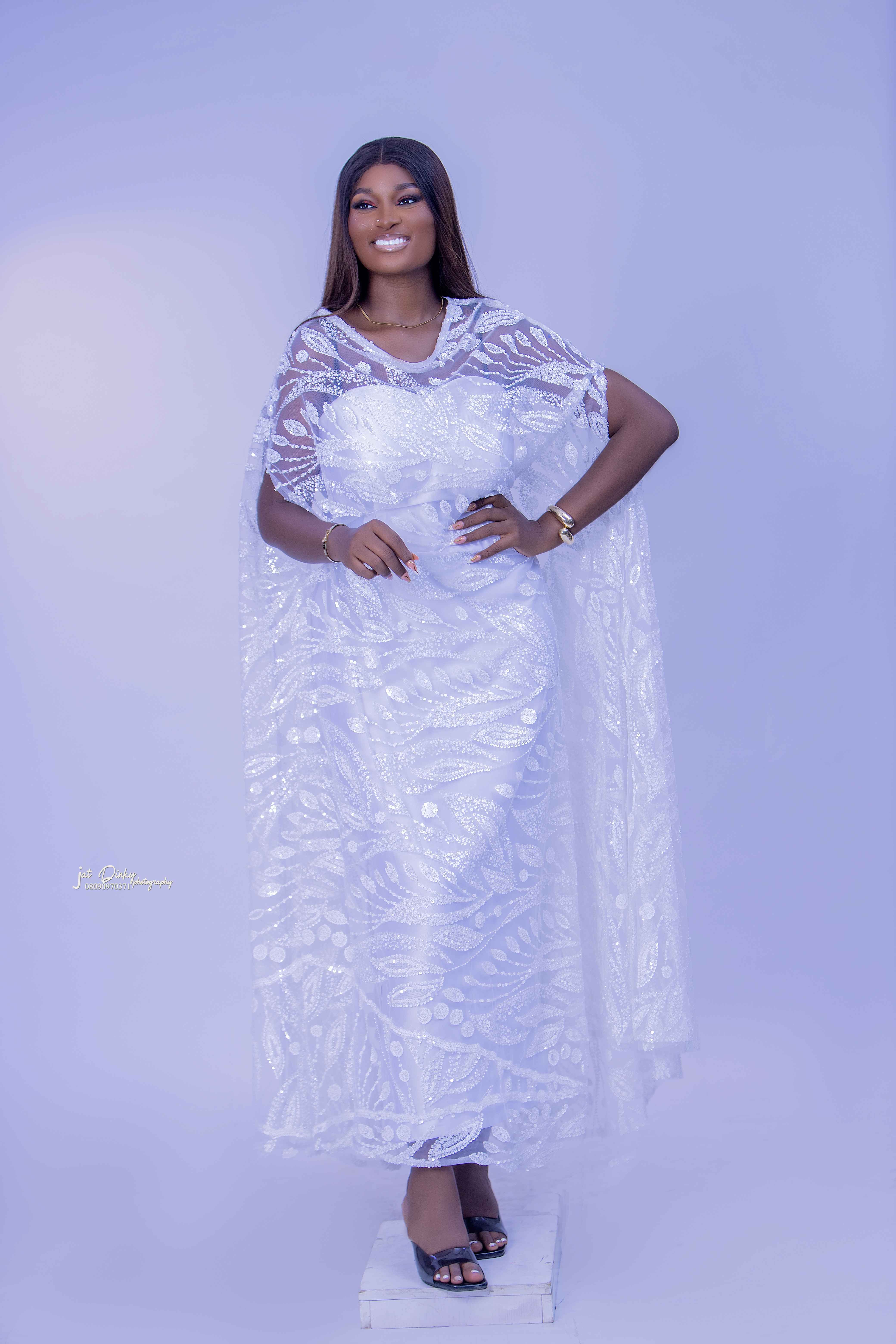 White Beaded Lace Boubou Dress with Inner Wear ( one-size-fit-all )