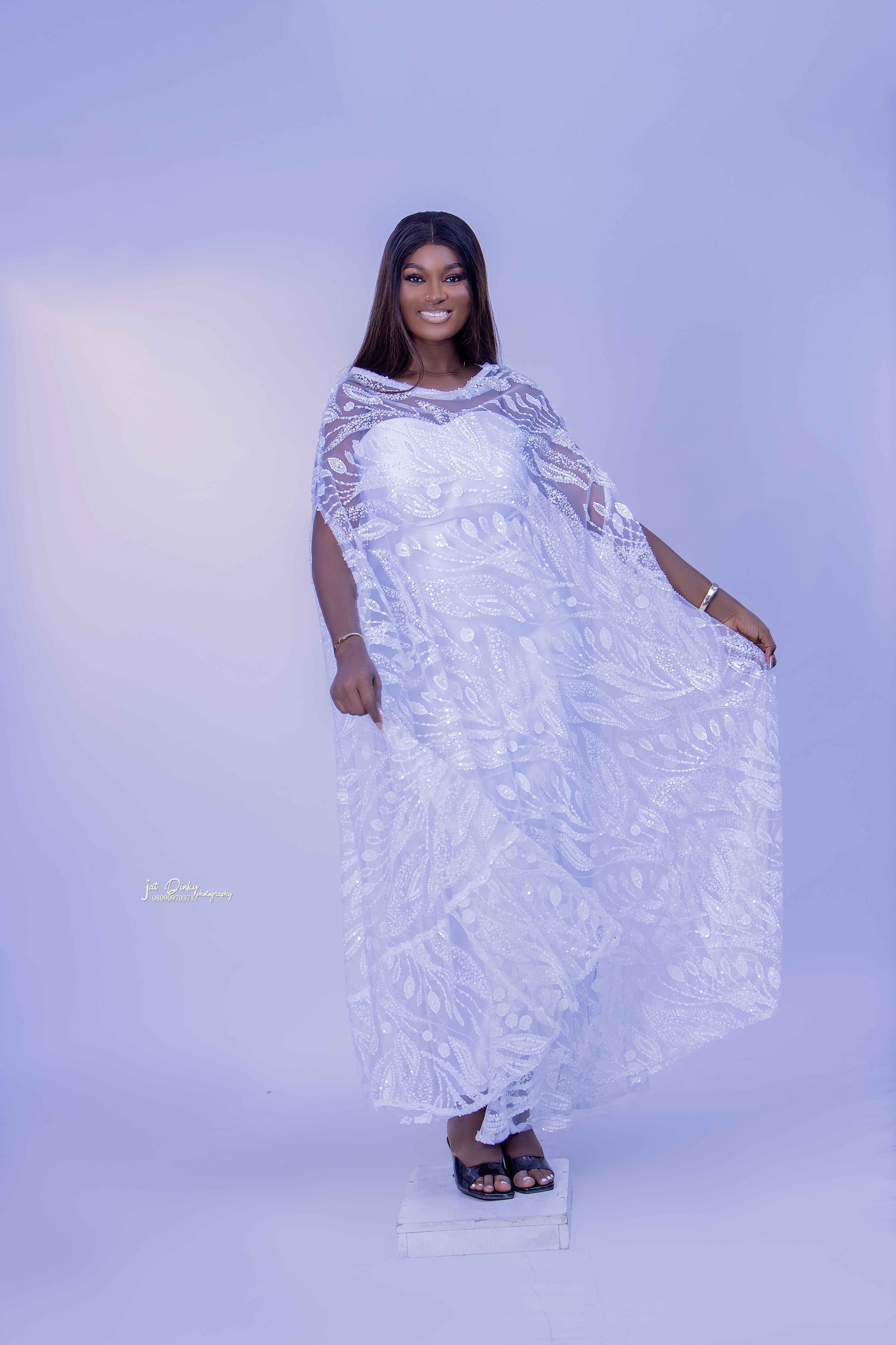 White Beaded Lace Boubou Dress with Inner Wear ( one-size-fit-all )