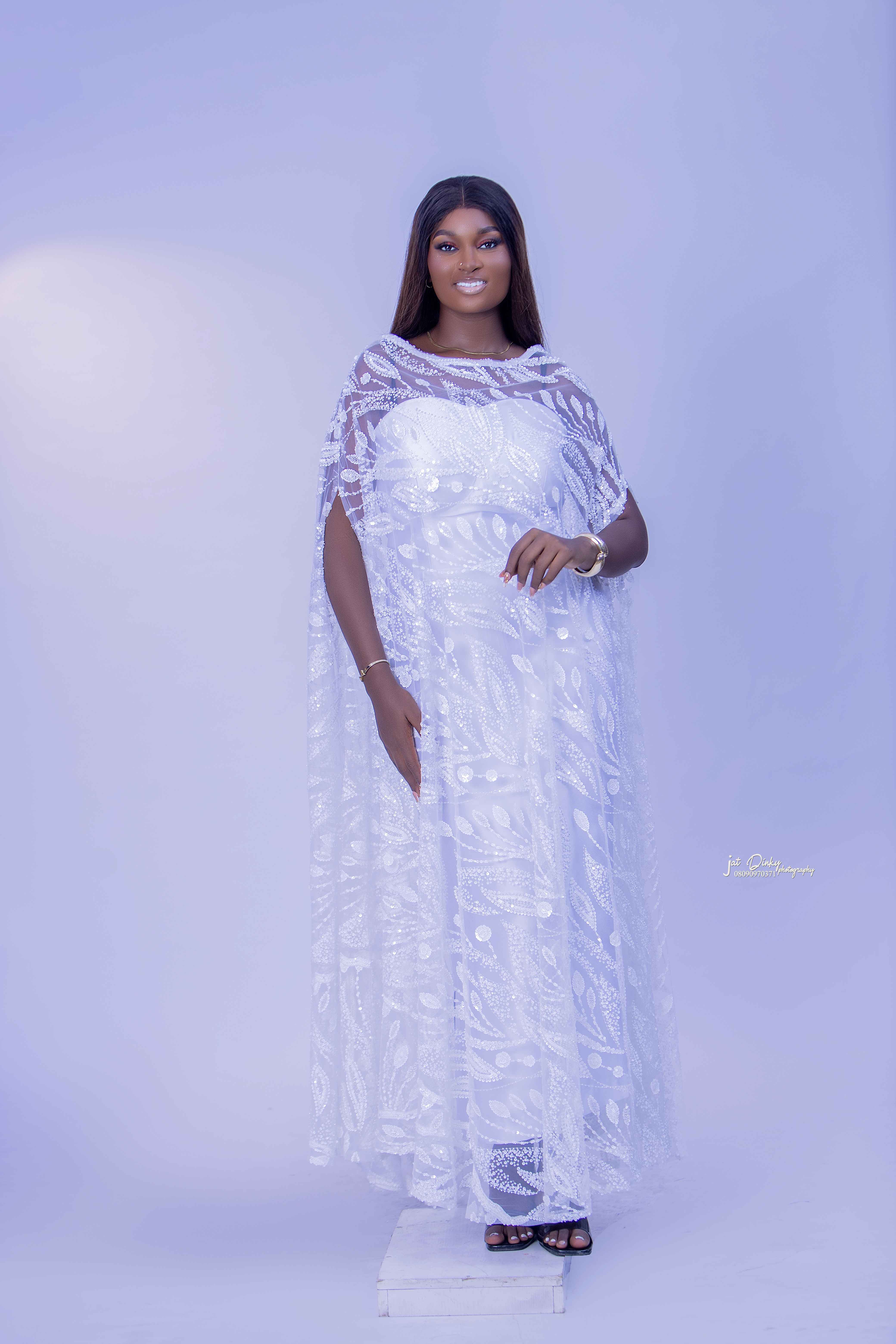White Beaded Lace Boubou Dress with Inner Wear ( one-size-fit-all )