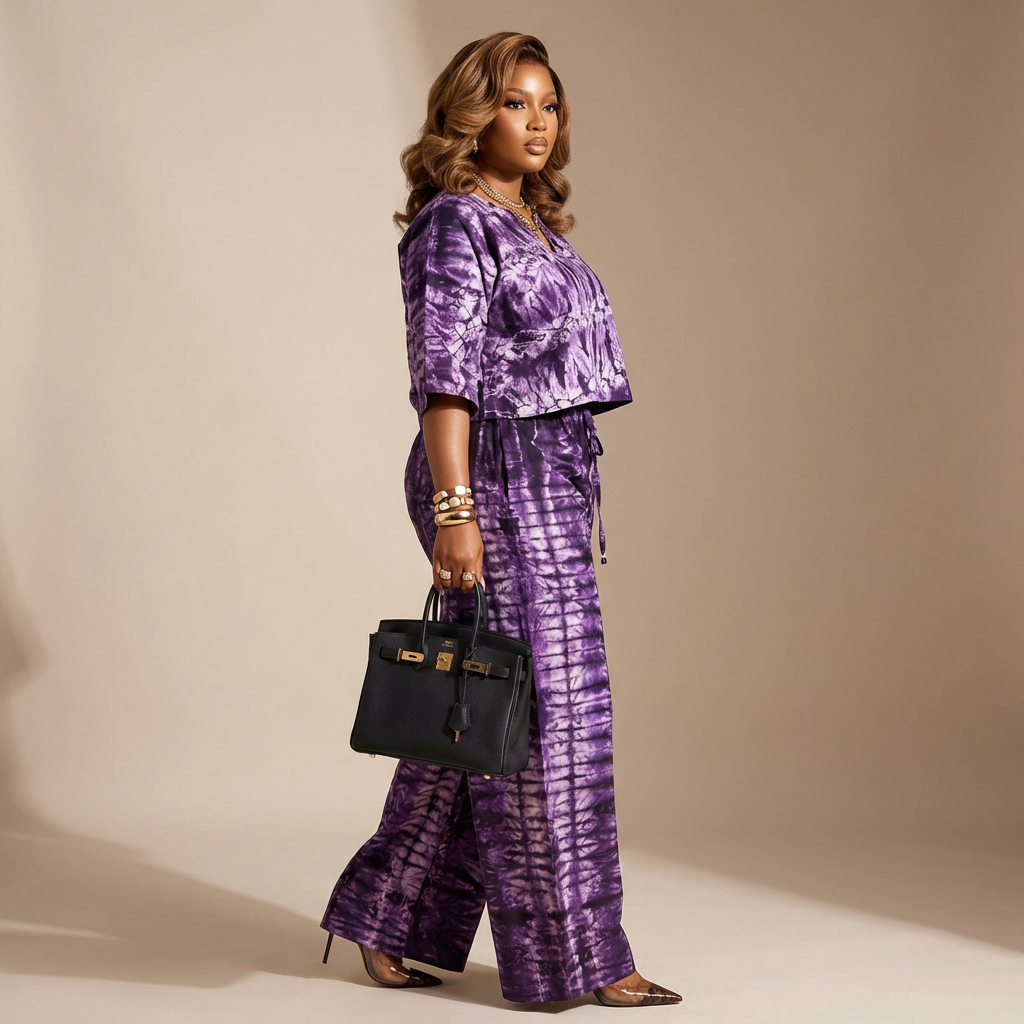 DerightFS Luxury Purple Tie-Dye Two-Piece Set for Women – Elegant Wide-Leg Trouser Co-Ord Outfit