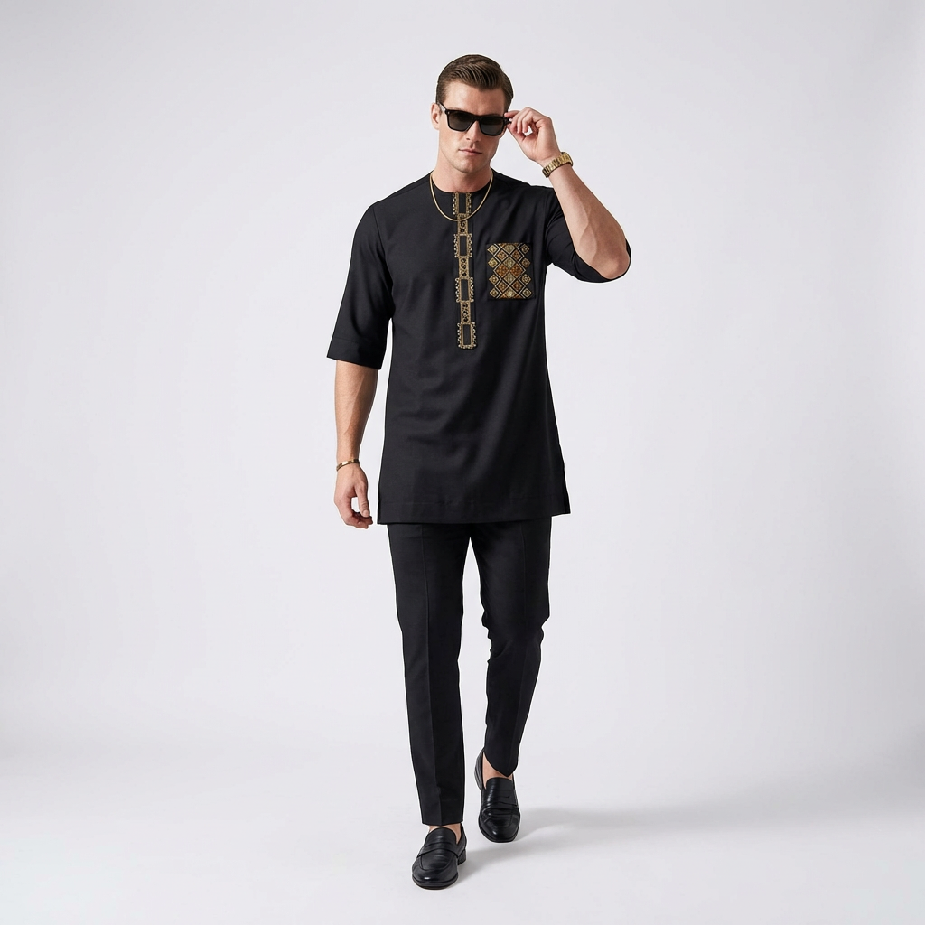 Men’s Black African Senator Outfit – Embroidered Kaftan & Trousers 2 Piece Set | Traditional Agbada Style Wedding & Formal Wear